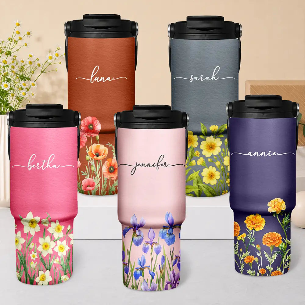 Blooming With Birth Flower And Name - Personalized 30oz Tumbler With Handle