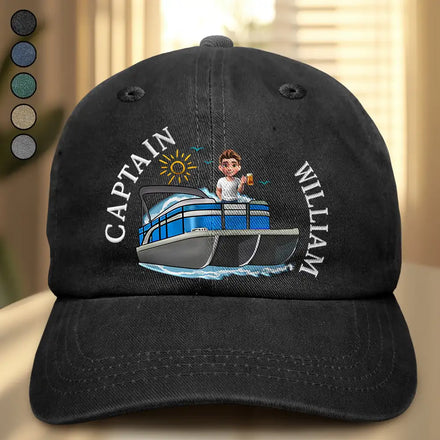 Couple Pontoon Captain First Mate - Personalized Vintage Washed Denim Cap