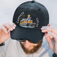 Summer, Gift For Couples, Romantic, Vector - Couple Pontoon Captain First Mate - Personalized Vintage Washed Denim Cap
