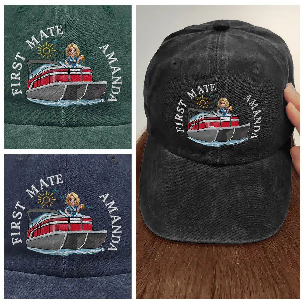 Summer, Gift For Couples, Romantic, Vector - Couple Pontoon Captain First Mate - Personalized Vintage Washed Denim Cap