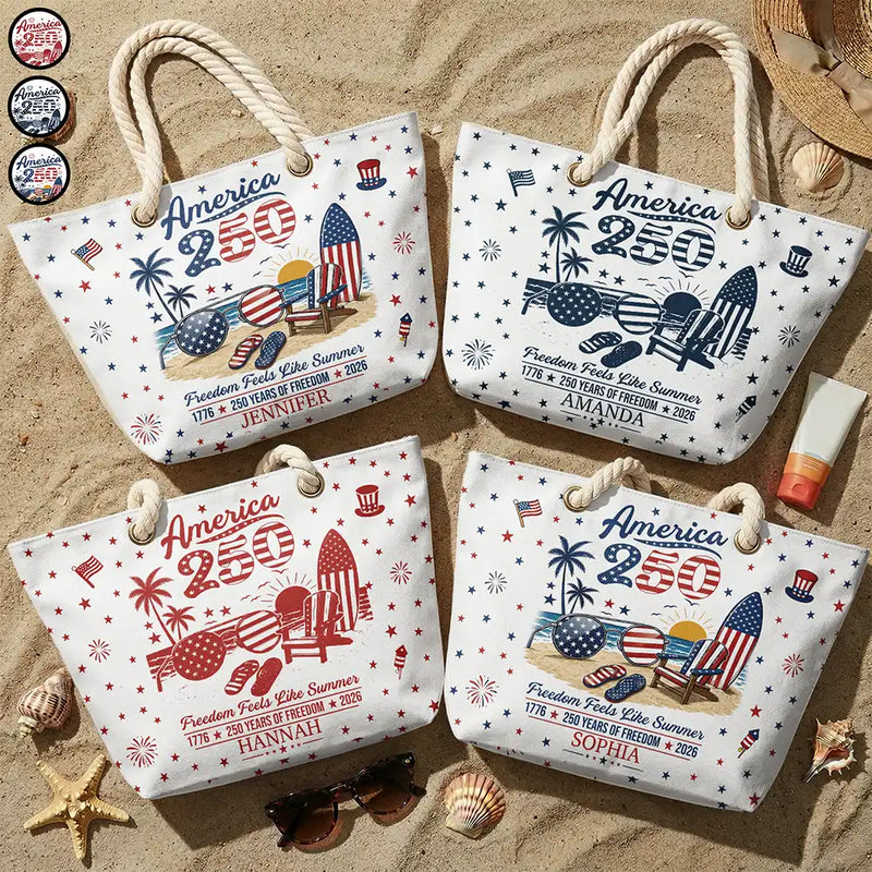 America 250th, Independence Day, Summer, Family, Proud, Custom Text - America 250 Freedom Feels Like Summer - Personalized Beach Bag