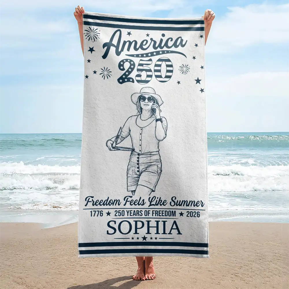 America 250th,Custom Photo,Independence Day,Art Design,Summer,Family,Proud,Photo - Pencil Sketch - Remove BG - Custom Photo Pencil Sketch America 250 Freedom Feels Like Summer - Personalized Beach Towela