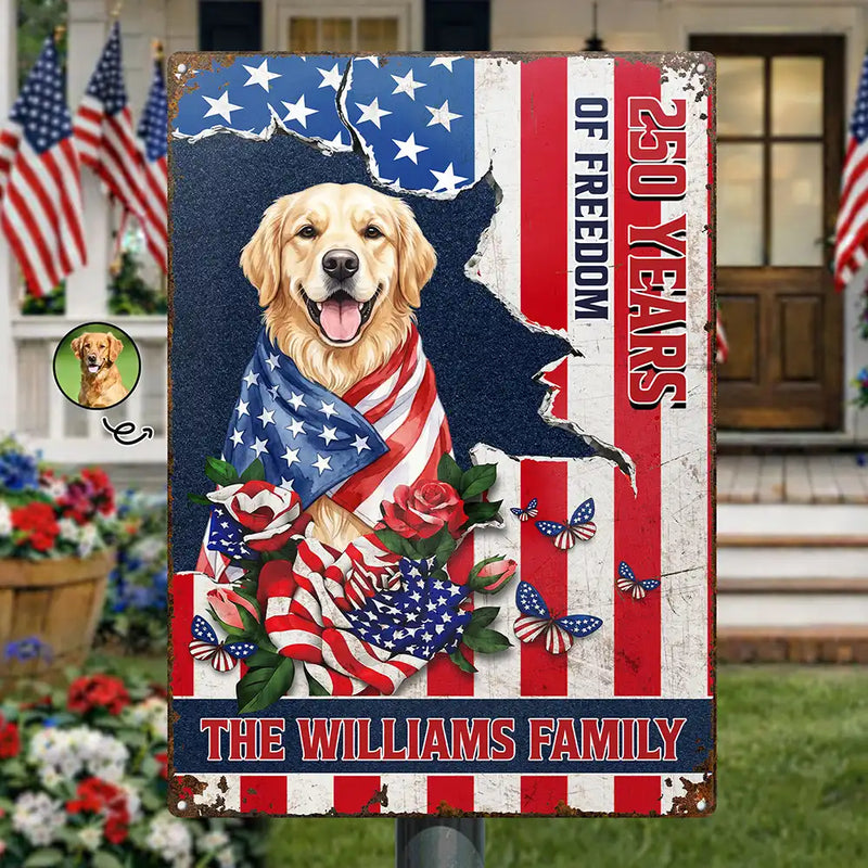 America 250th,Custom Photo,Independence Day,Art Design,Pet Lovers,Playful,Photo - US Theme Accessories Watercolor - Custom Photo Watercolor With US Accessories Patriotic Dog Cat 250 Years Of Freedom - Personalized Classic Metal Signs