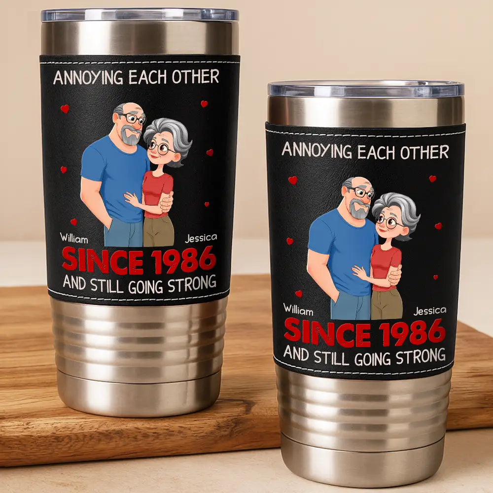 Vintage Animate Couple Annoying Each Other Since Year - Personalized Leather Tumbler