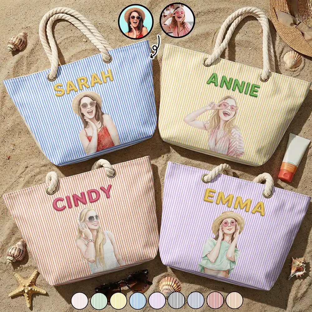 Gift For Yourself, Gift For Women, Custom Photo, Beach, Art Design, Summer, Playful, Photo - Pencil Sketch - Remove BG - Custom Photo Pencil Sketch Portrait Bestie Family Yourself - Personalized Beach Bag