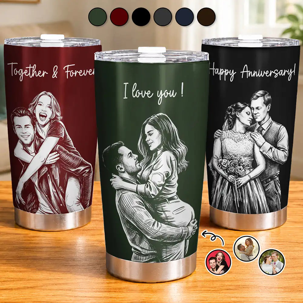 Custom Photo, Art Design, Gift For Couples, Top Market, Romantic, Photo - Pencil Sketch - Dark BG - Custom Photo White Pencil Sketch Art Happy Anniversary Couple - Personalized Tumbler