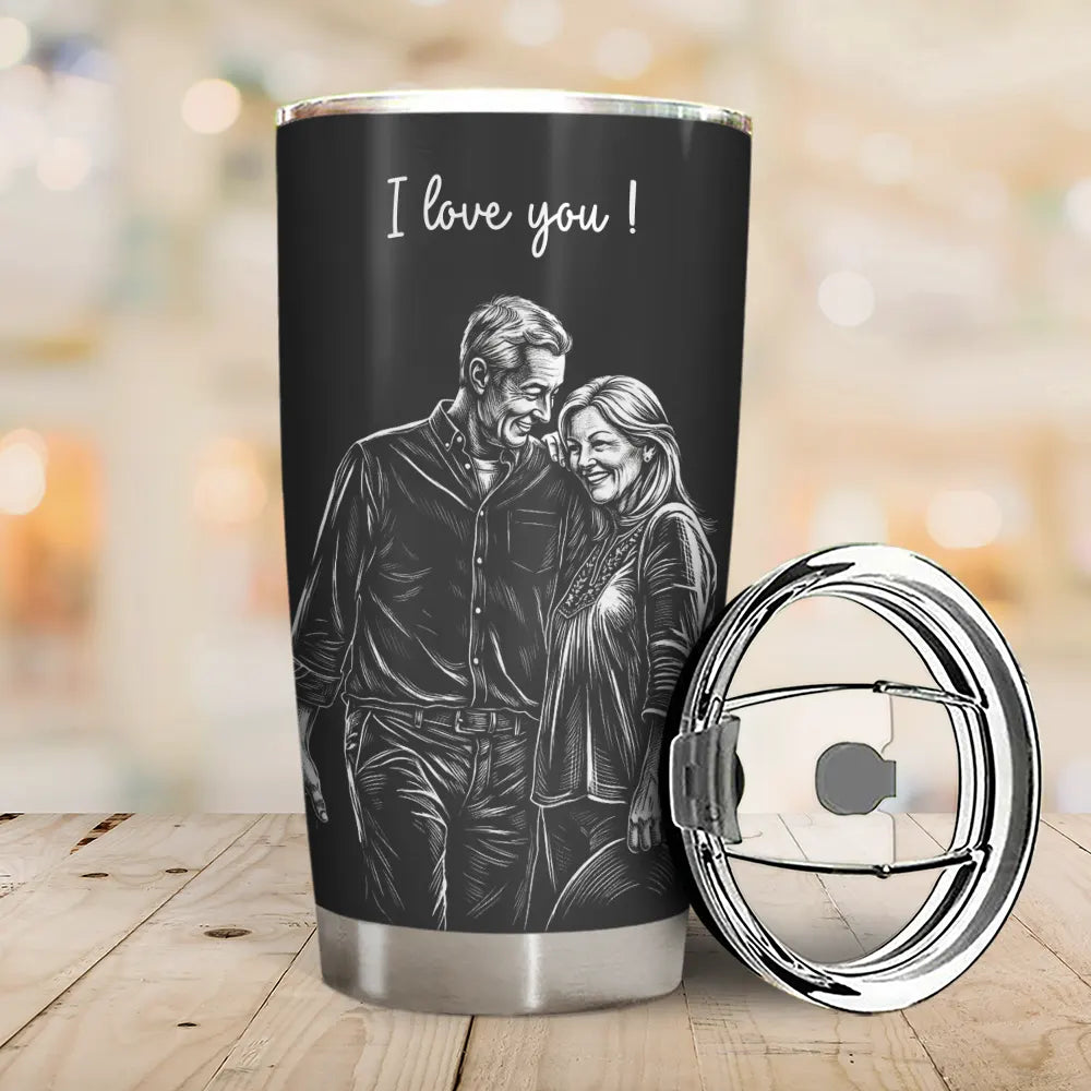 Custom Photo, Art Design, Gift For Couples, Top Market, Romantic, Photo - Pencil Sketch - Dark BG - Custom Photo White Pencil Sketch Art Happy Anniversary Couple - Personalized Tumbler
