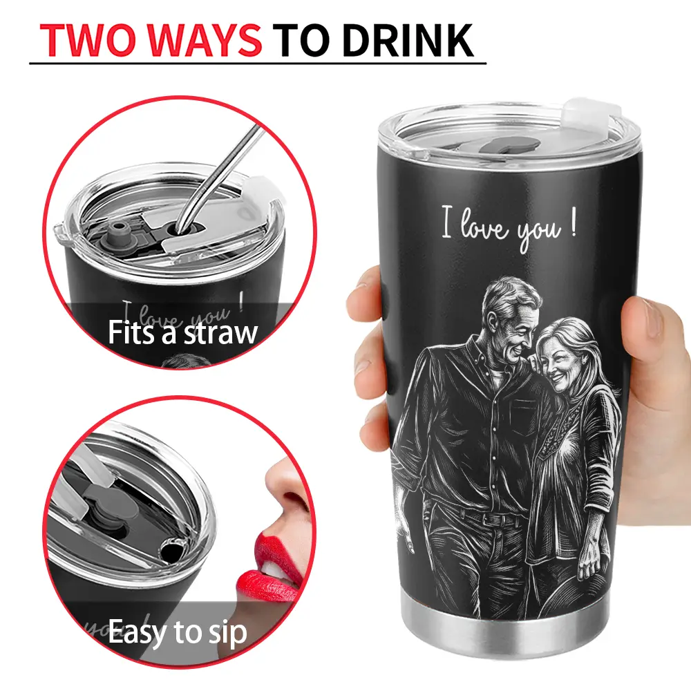 Custom Photo, Art Design, Gift For Couples, Top Market, Romantic, Photo - Pencil Sketch - Dark BG - Custom Photo White Pencil Sketch Art Happy Anniversary Couple - Personalized Tumbler