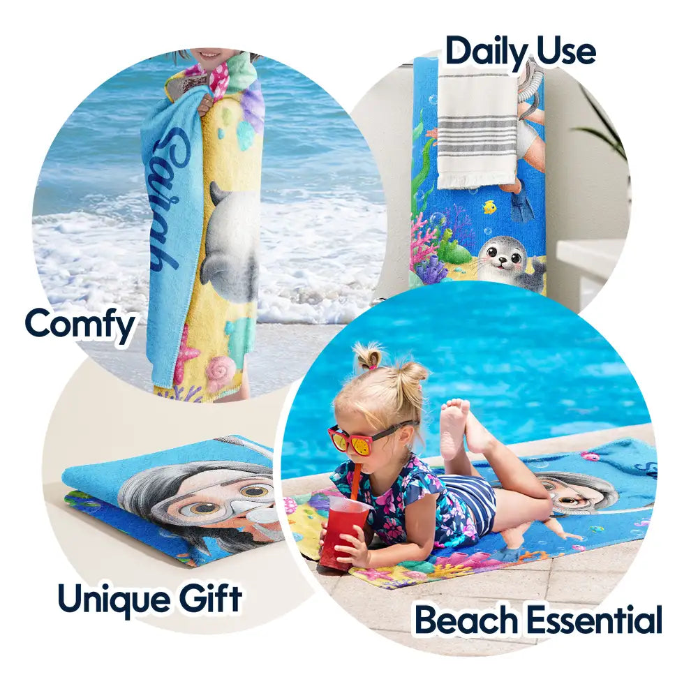 Gift For Kids, Summer, Playful, Vector - Scuba Diving Lovely Kid Ocean Theme - Personalized Beach Towel
