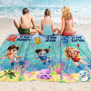 Gift For Kids, Summer, Playful, Vector - Scuba Diving Kid With Name - Personalized Beach Towel