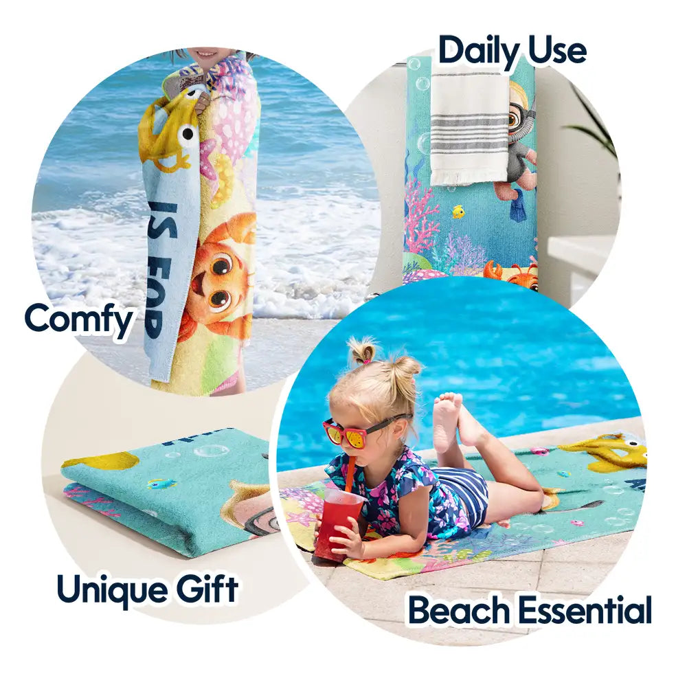 Gift For Kids, Summer, Playful, Vector - Scuba Diving Kid With Name - Personalized Beach Towel