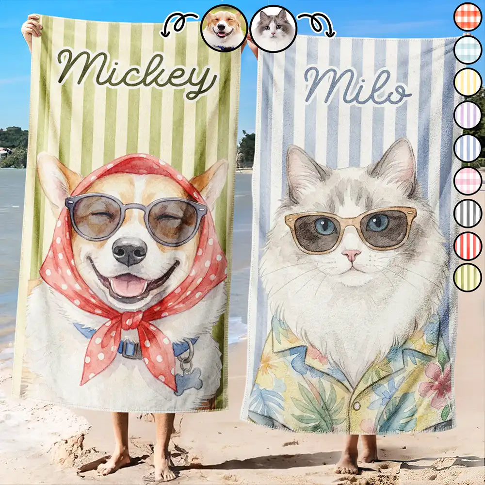 Custom Photo Watercolor Pet With Summer Accessories Pet Portrait Summer Vibe - Personalized Beach Towel