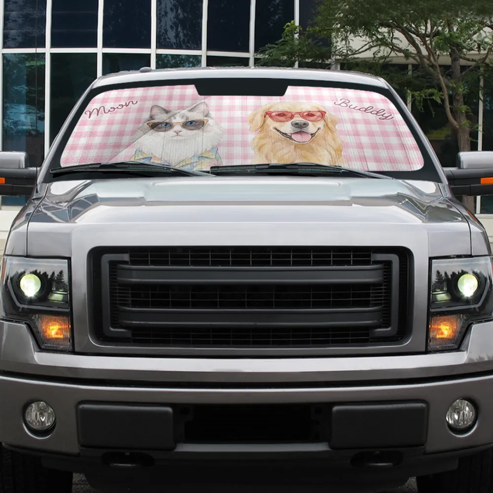 Art Design,Playful,Custom Photo,Summer,Pet Lovers,Photo - Watercolor Summer Pet With Accessories - Custom Photo Watercolor Pet With Summer Accessories Pet Portrait - Personalized Auto Sunshade
