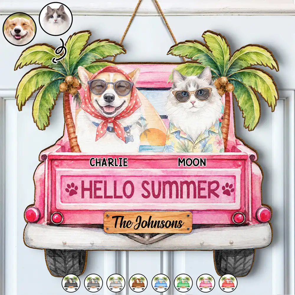 Art Design, Playful, Summer, Pet Lovers, Photo - Watercolor Summer Pet With Accessories - Custom Photo Watercolor Pet With Summer Accessories Hello Summer - Personalized Custom Shaped Wood Sign