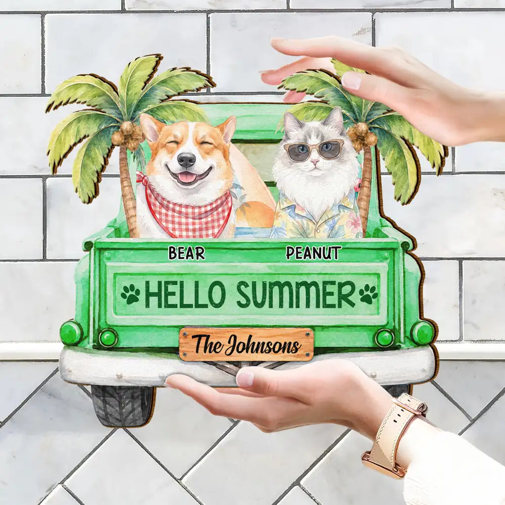 Art Design, Playful, Summer, Pet Lovers, Photo - Watercolor Summer Pet With Accessories - Custom Photo Watercolor Pet With Summer Accessories Hello Summer - Personalized Custom Shaped Wood Sign