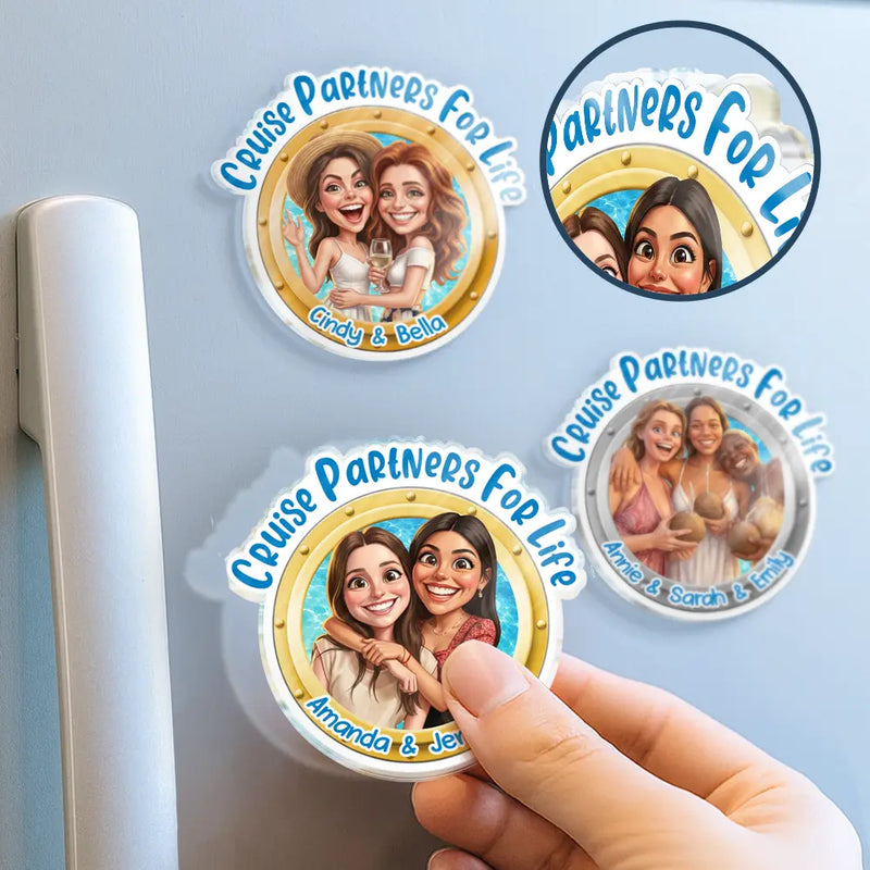 Art Design,Cruising,Humorous,Summer,Gift For Couples,Photo - Caricature - Remove BG - Custom Photo Caricature Cruise Partners For Life - Personalized Acrylic Magnet