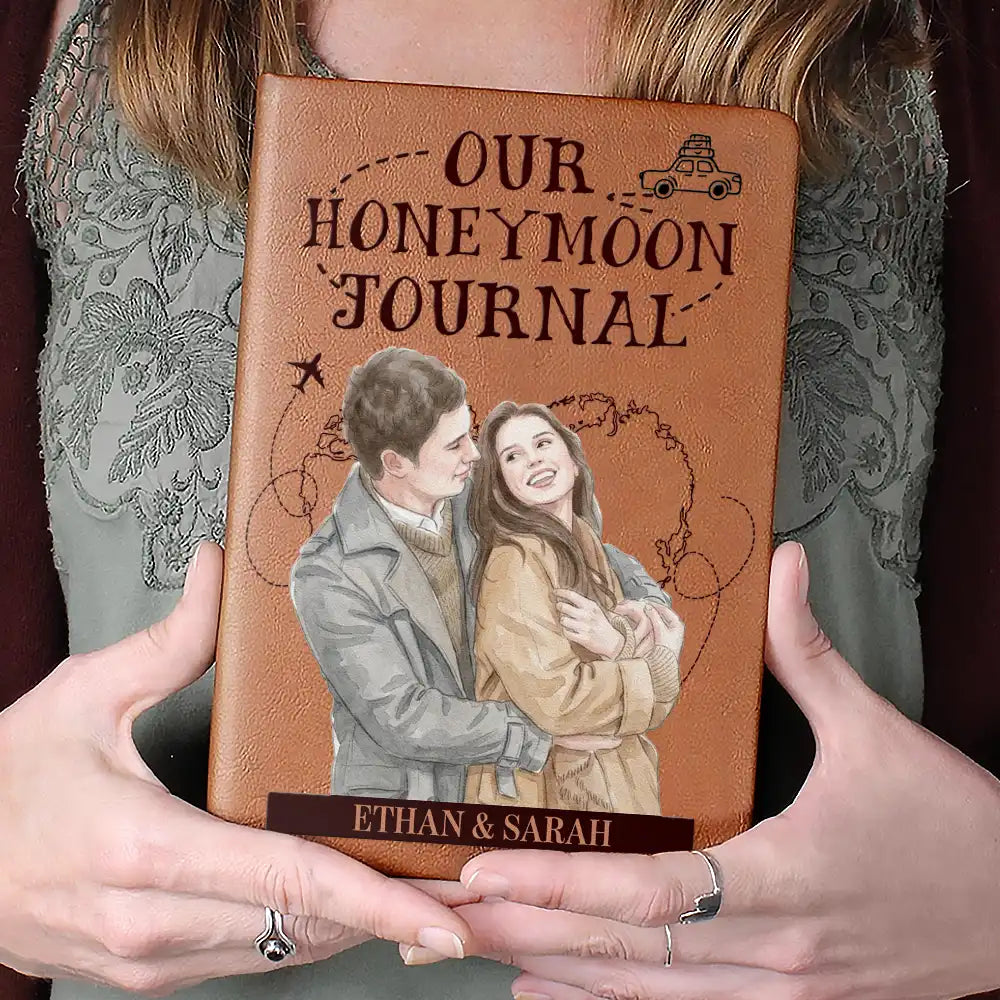 Art Design, Romantic, Summer, Gift For Couples, Photo - Watercolor - Remove BG - Custom Photo Realistic Watercolor Art Our Adventure Book Travel Couple - Personalized Leather Journal