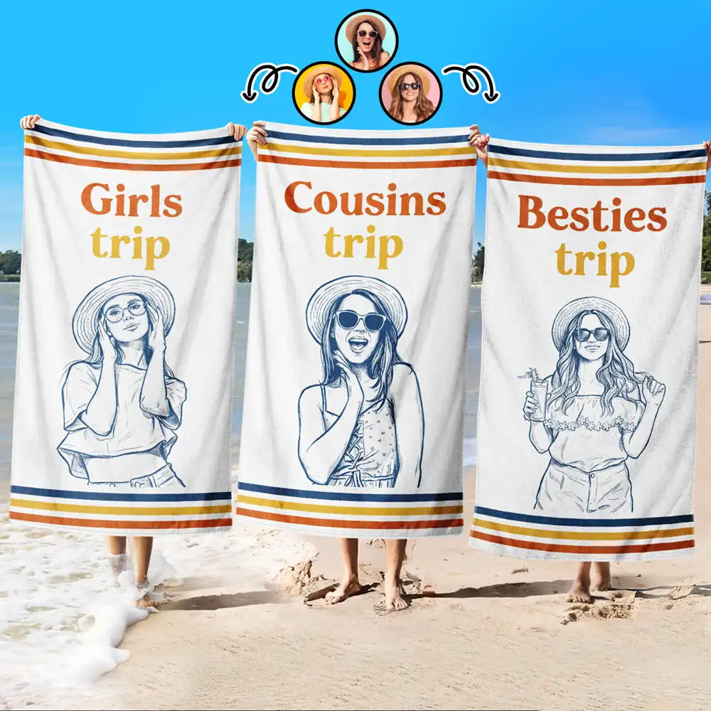 Custom Photo Pencil Sketch Besties Trip Retro - Personalized Beach Towel