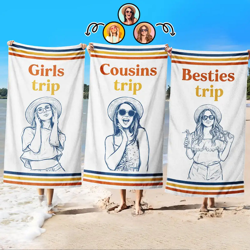 Art Design,Gift For Bestie,Playful,Beach,Summer,Photo - Pencil Sketch - Remove BG - Custom Photo Pencil Sketch Besties Trip Retro - Personalized Beach Towel