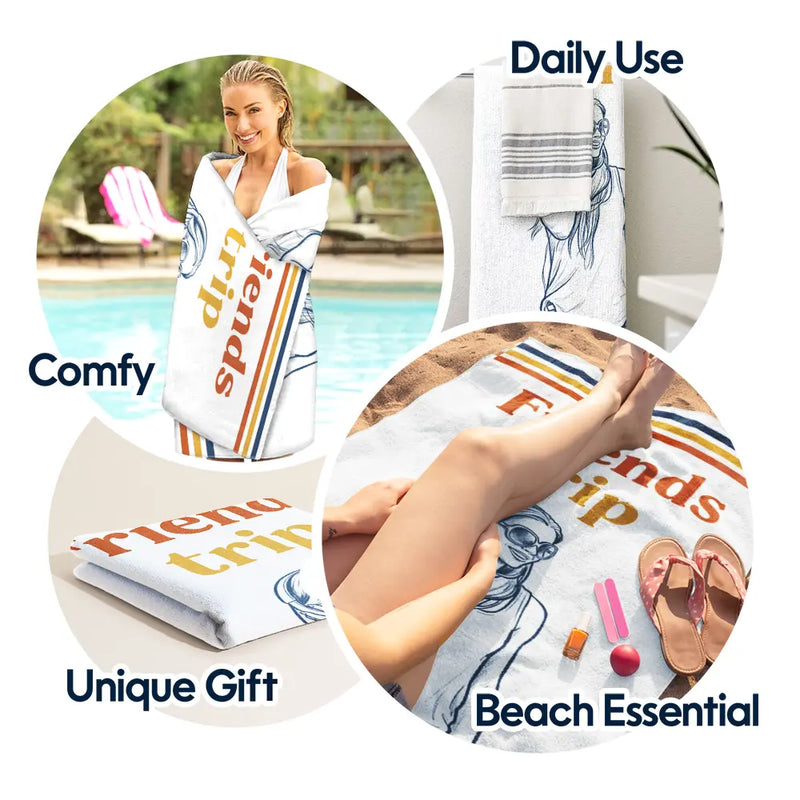 Art Design,Gift For Bestie,Playful,Beach,Summer,Photo - Pencil Sketch - Remove BG - Custom Photo Pencil Sketch Besties Trip Retro - Personalized Beach Towel