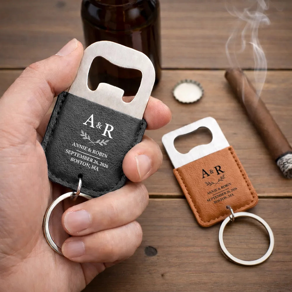 Romantic,Gift For Couples,Wedding,Icon - Couples Wedding Initials - Personalized Leather Bottle Opener Keychain