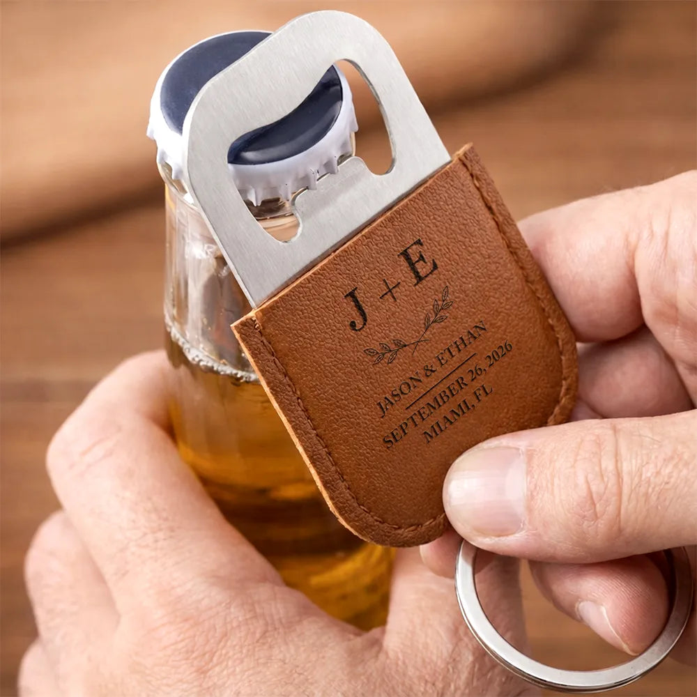 Romantic,Gift For Couples,Wedding,Icon - Couples Wedding Initials - Personalized Leather Bottle Opener Keychain