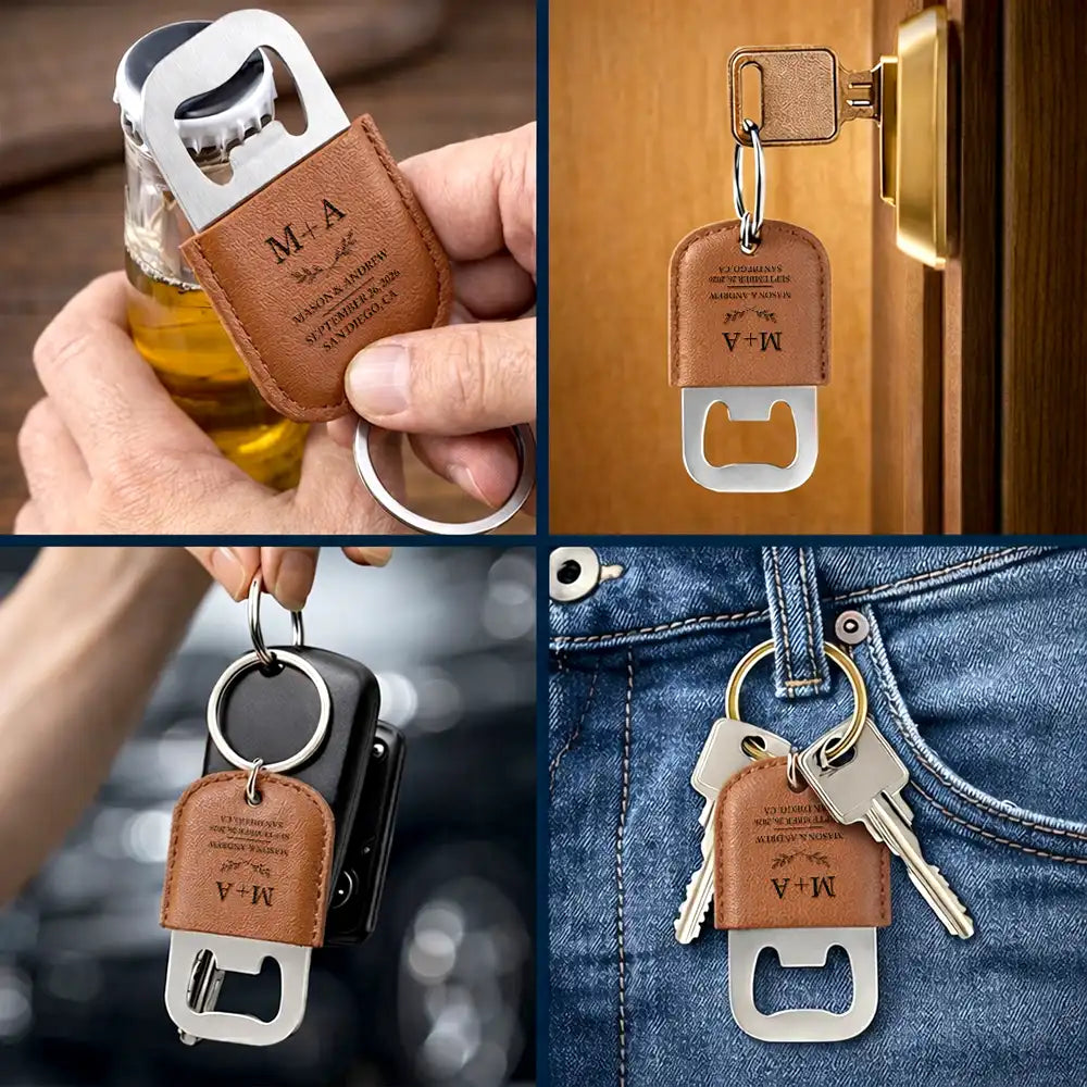 Romantic,Gift For Couples,Wedding,Icon - Couples Wedding Initials - Personalized Leather Bottle Opener Keychain