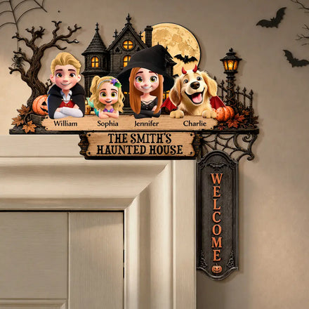 Haunted House Family Welcome - Personalized Door Corner Wood Sign