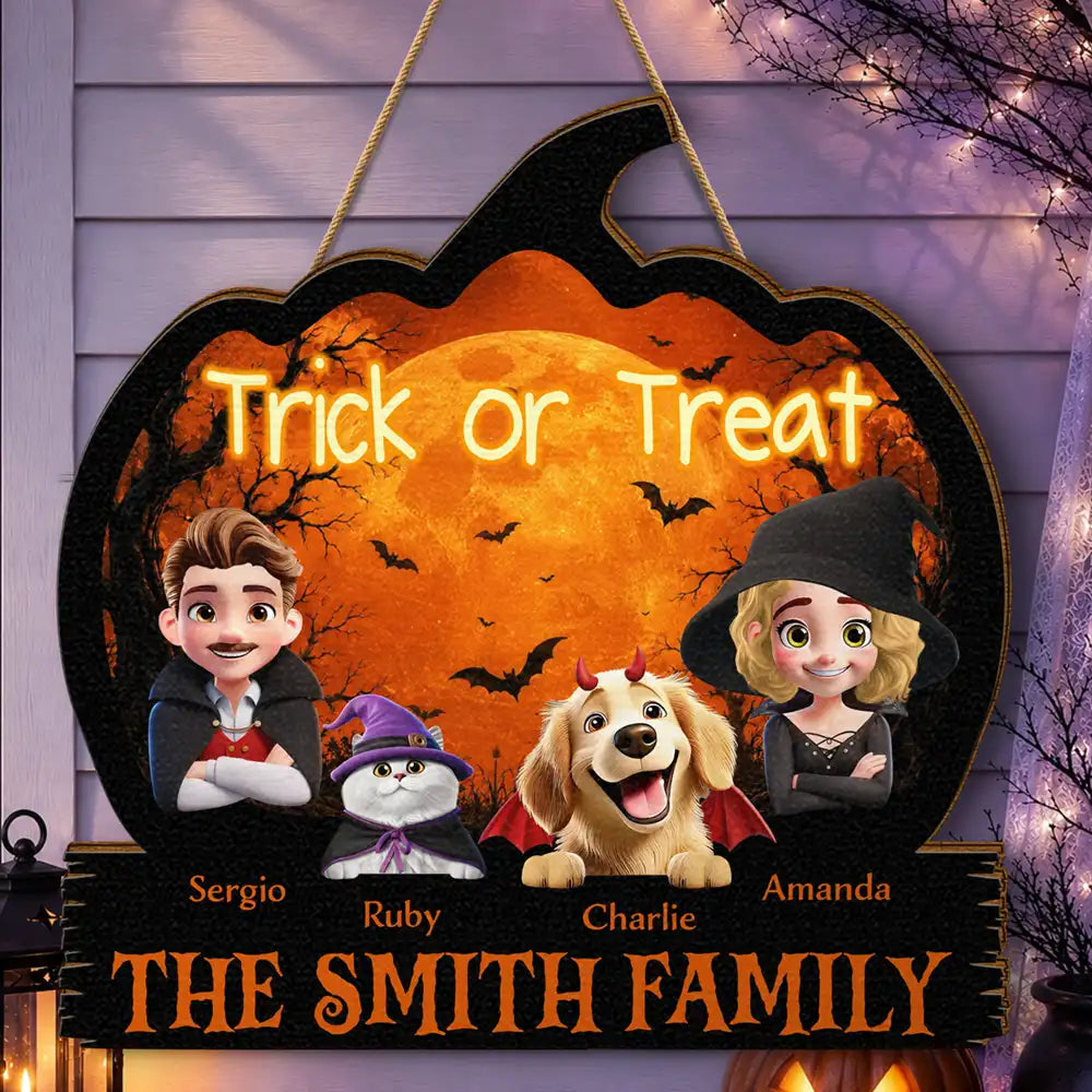 Adorable,Halloween,Family - Halloween Family Trick Or Treat - Personalized Custom Shaped Wood Sign