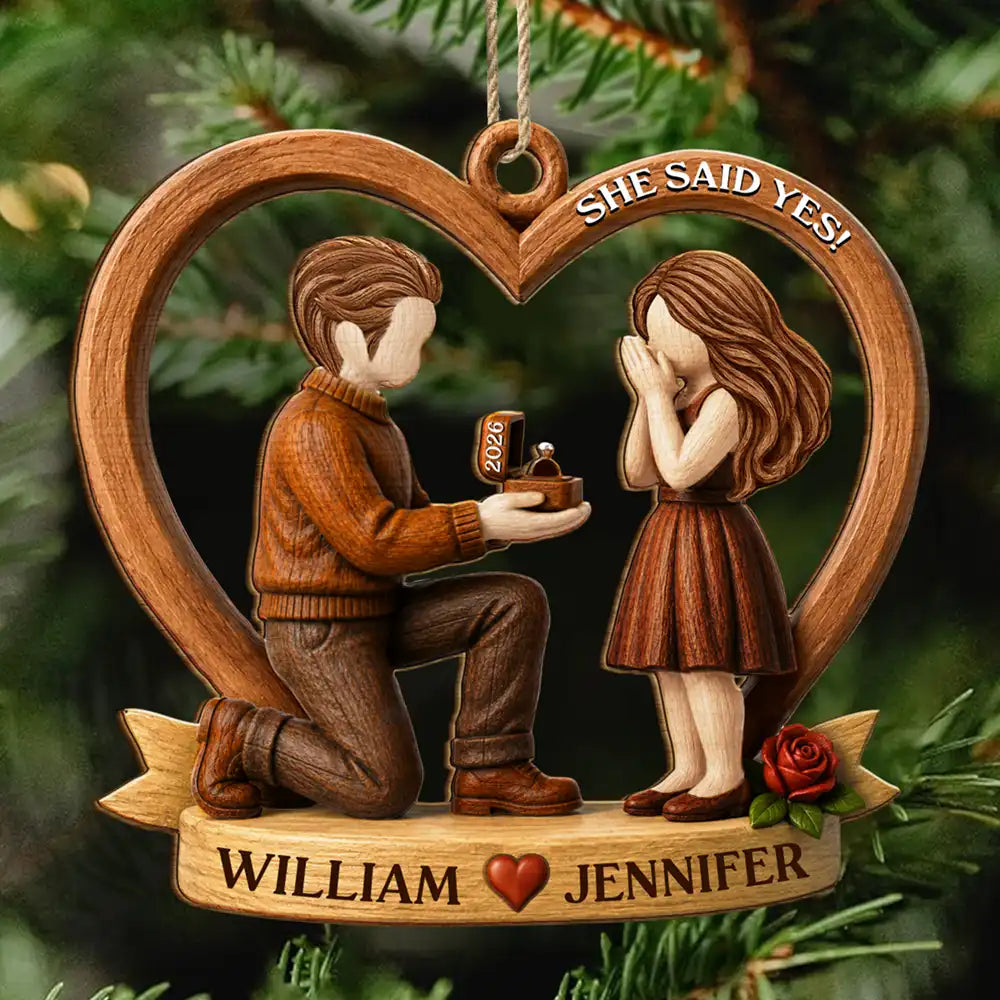 Christmas,Romantic,Gift For Couples,Vector - She Said Yes First Christmas Married Engaged Couple - Personalized Custom Shaped Wooden Ornament