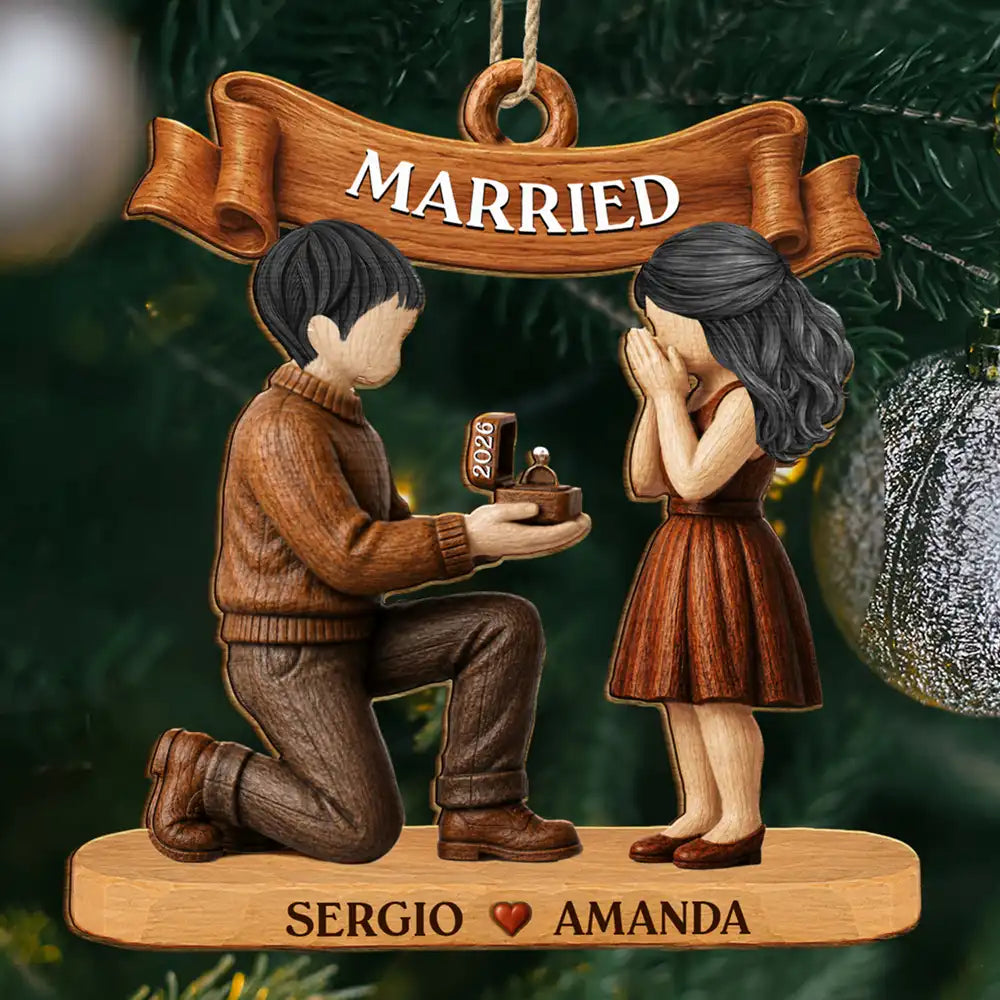 Christmas,Romantic,Gift For Couples,Vector - She Said Yes First Christmas Married Engaged Couple - Personalized Custom Shaped Wooden Ornament