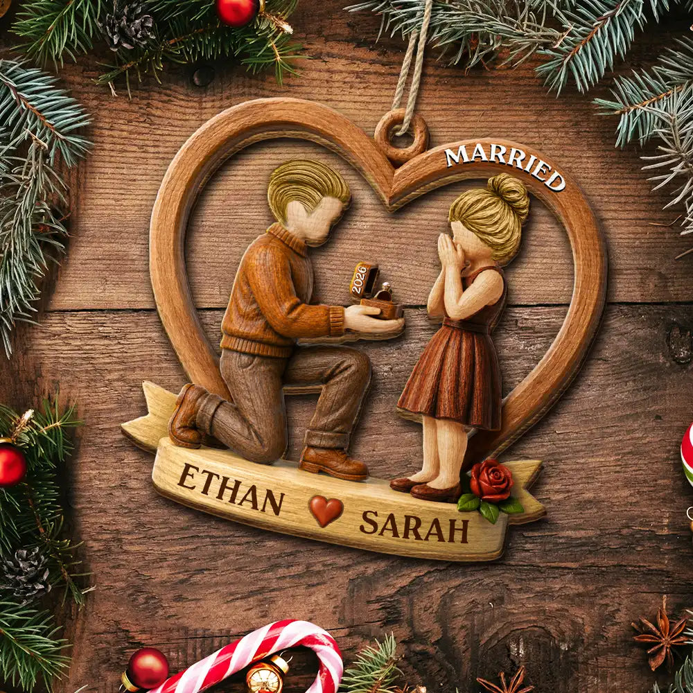 Christmas,Romantic,Gift For Couples,Vector - She Said Yes First Christmas Married Engaged Couple - Personalized Custom Shaped Wooden Ornament