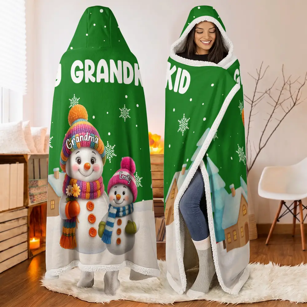 Adorable,Christmas,Gift For Grandma,Icon - My Grandkids Snowmen 3D Effect - Personalized Wearable Hooded Blanket