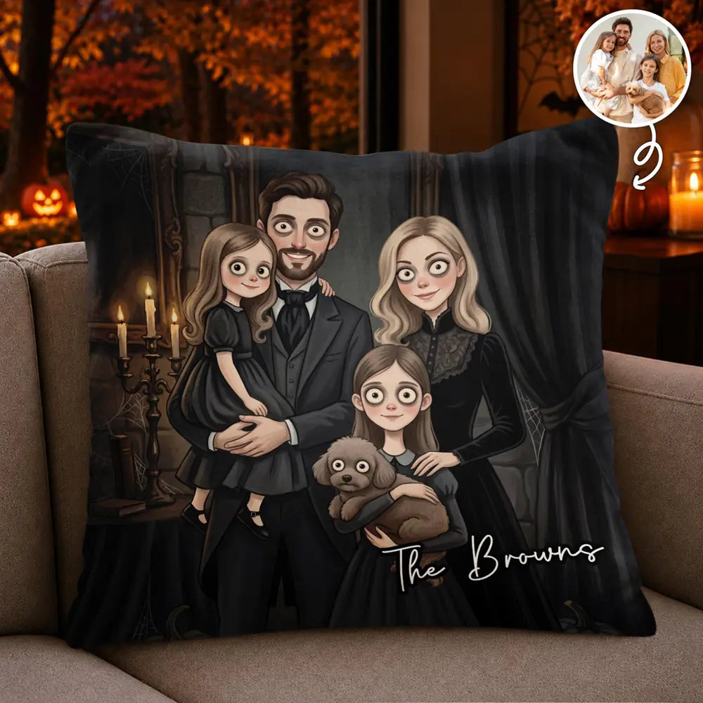 Custom Photo Gothic Portrait Art Family Spooky Halloween - Personalized Pillow