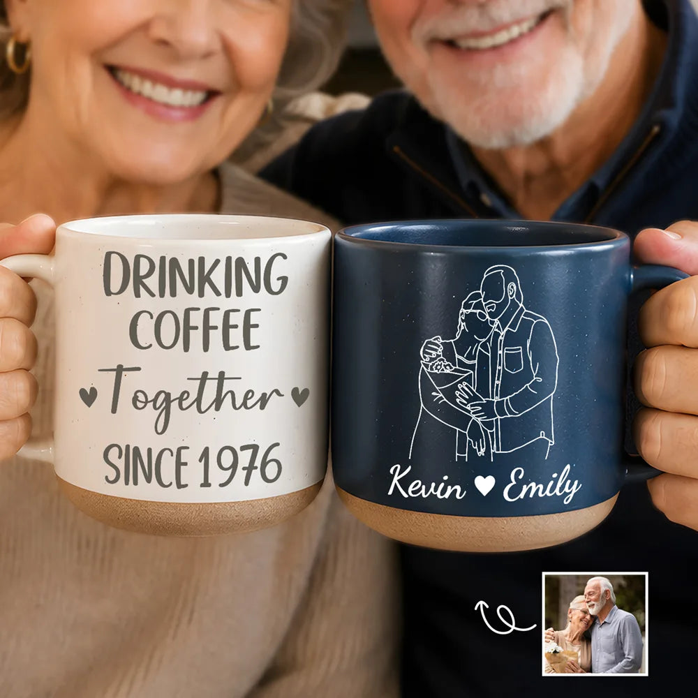 Art Design,Anniversary,Christmas,Old Couples,Romantic,Gift For Couples,Photo - Faceless Outline Sketch - Custom Photo Faceless Outline Sketch Couple Anniversary Drinking Coffee Together - Personalized Pottery Mug