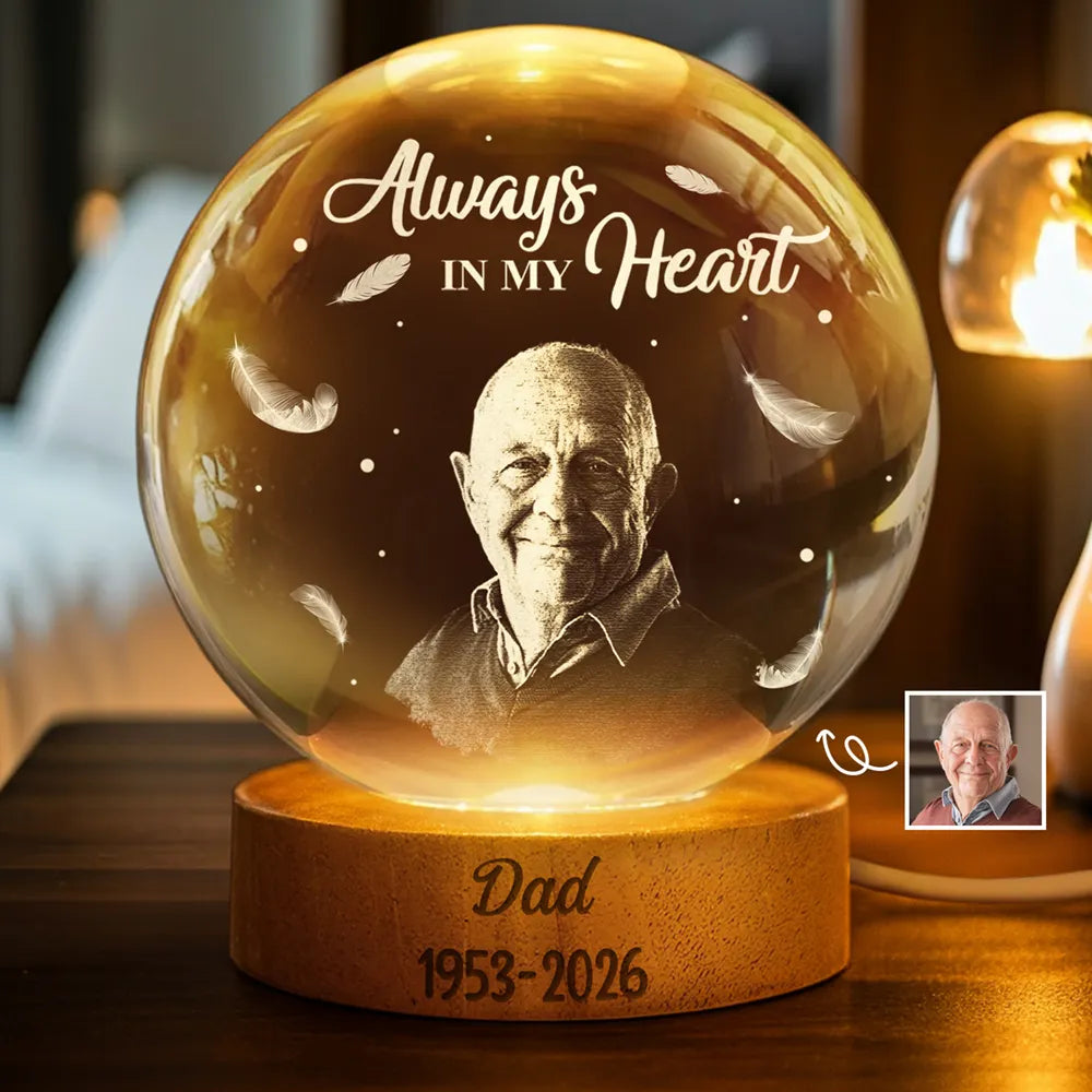 Custom Photo Memorial Always In Our Heart - Personalized Crystal Globe Lamp