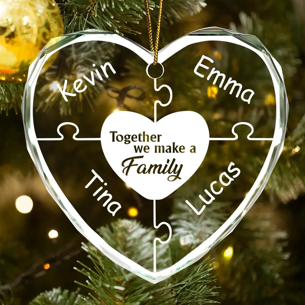 Christmas Together We Make A Family - Personalized Heart Shaped Glass Ornament