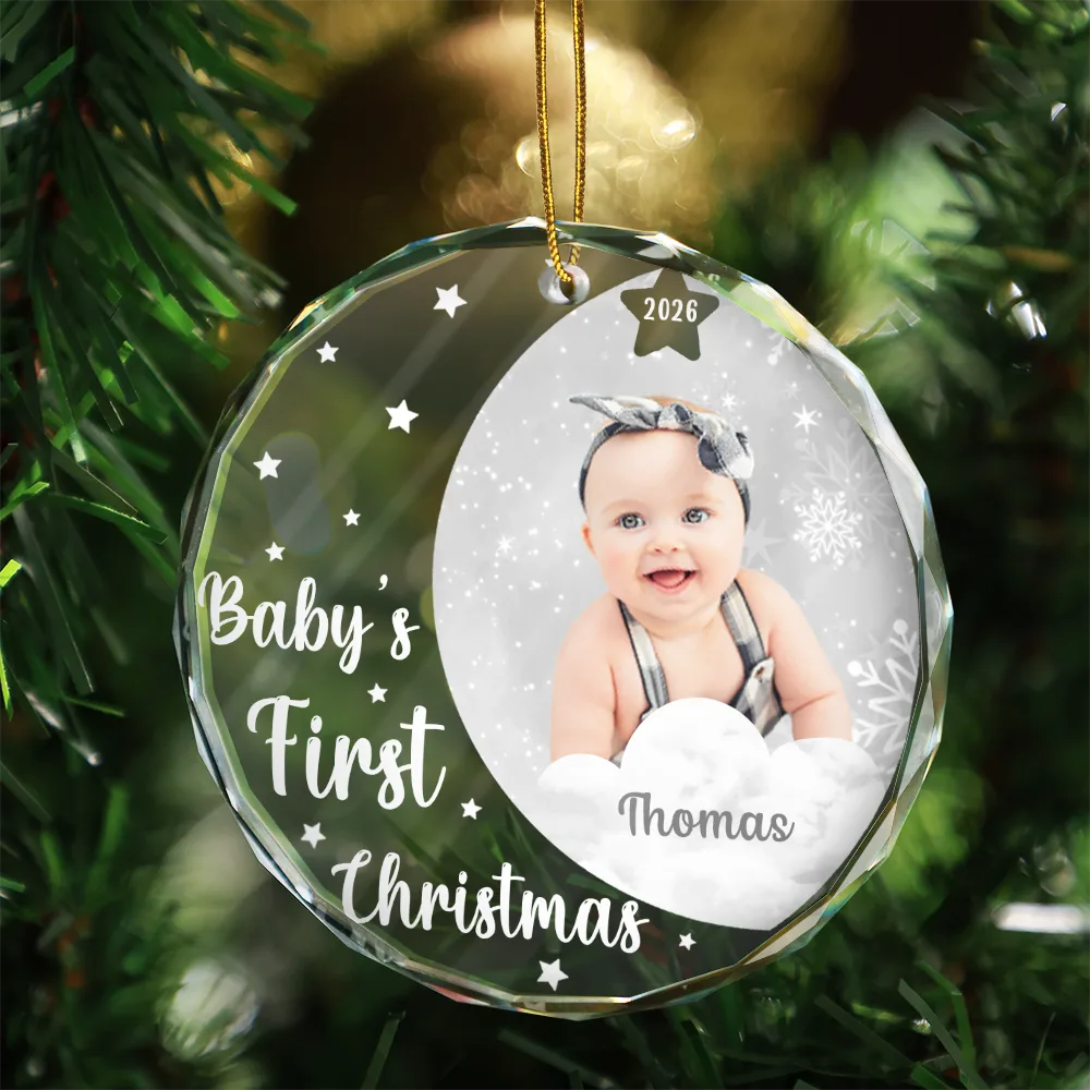 Custom Photo New Baby's First Christmas - Personalized Circle Glass Ornament