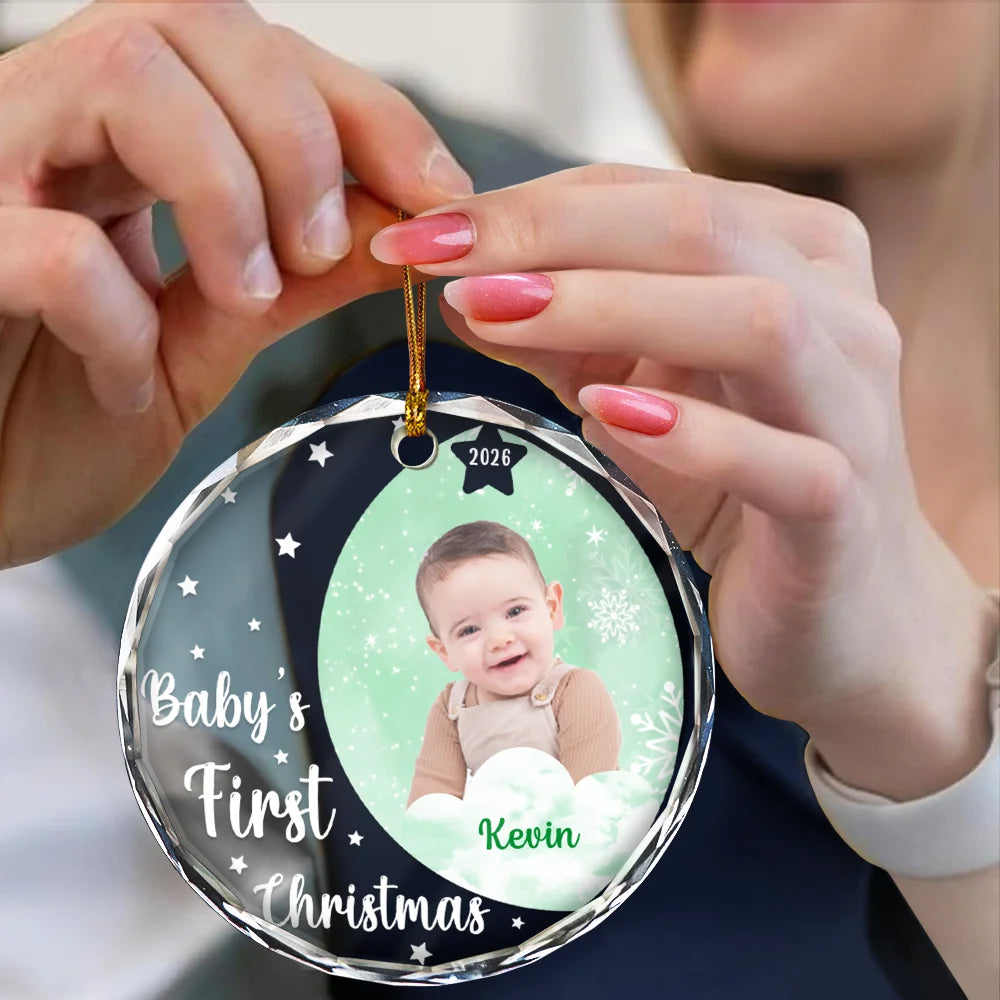 Custom Photo New Baby's First Christmas - Personalized Circle Glass Ornament