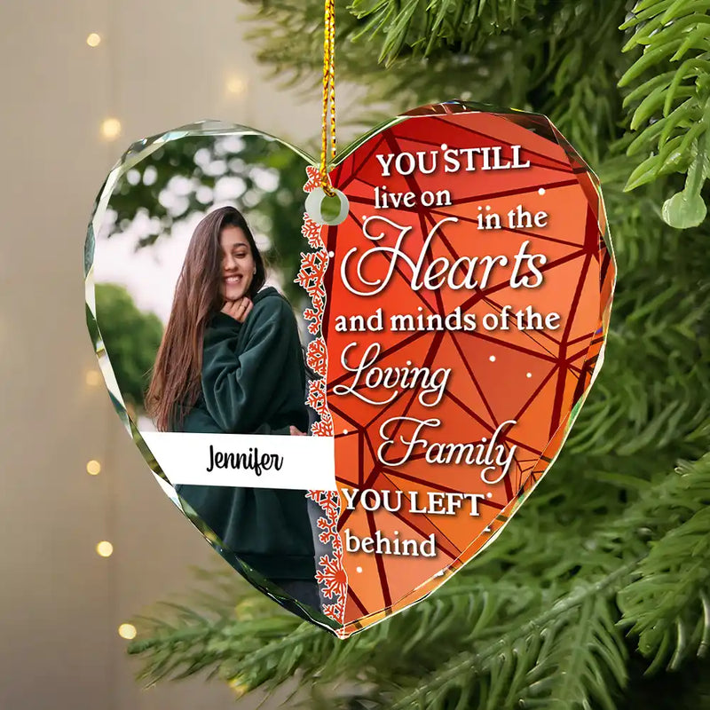 Custom Photo Still Live On The Hearts Christmas - Personalized Heart Shaped Glass Ornament