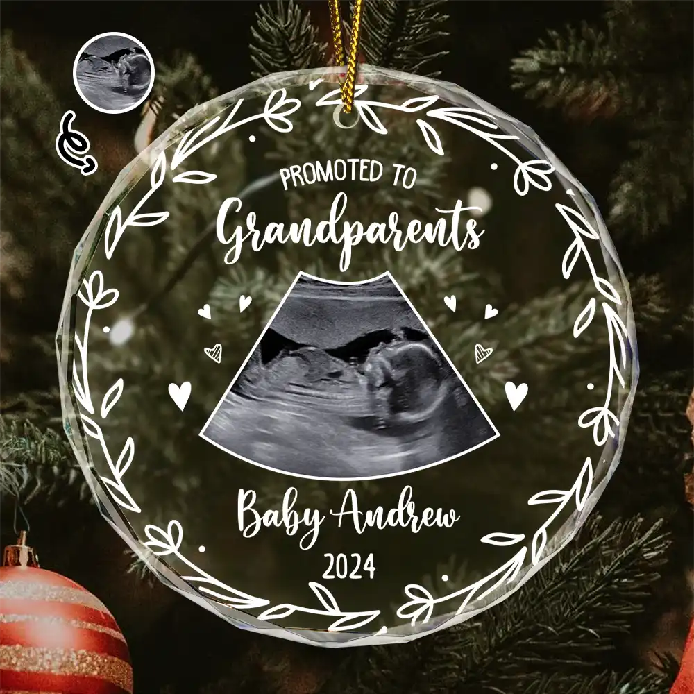 Custom Photo Baby Announcement Promoted To - Personalized Circle Glass Ornament