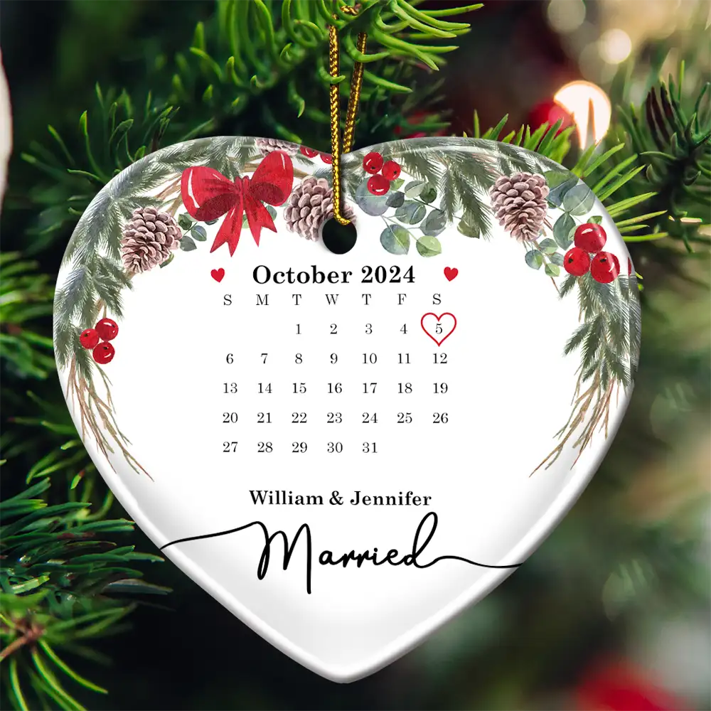 Christmas Calendar Couple Married Engaged - Personalized Heart Ceramic Ornament