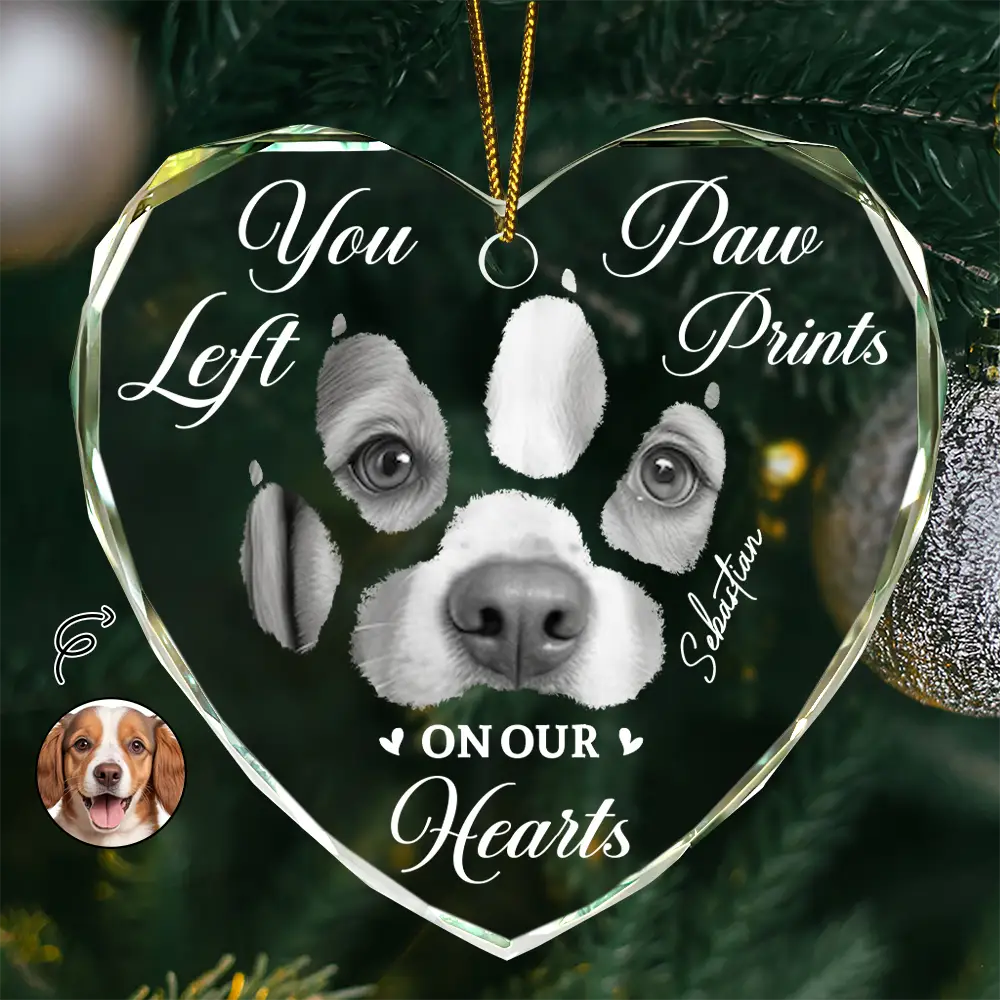 Custom Photo Paw Prints On My Heart - Personalized Heart Shaped Glass Ornament