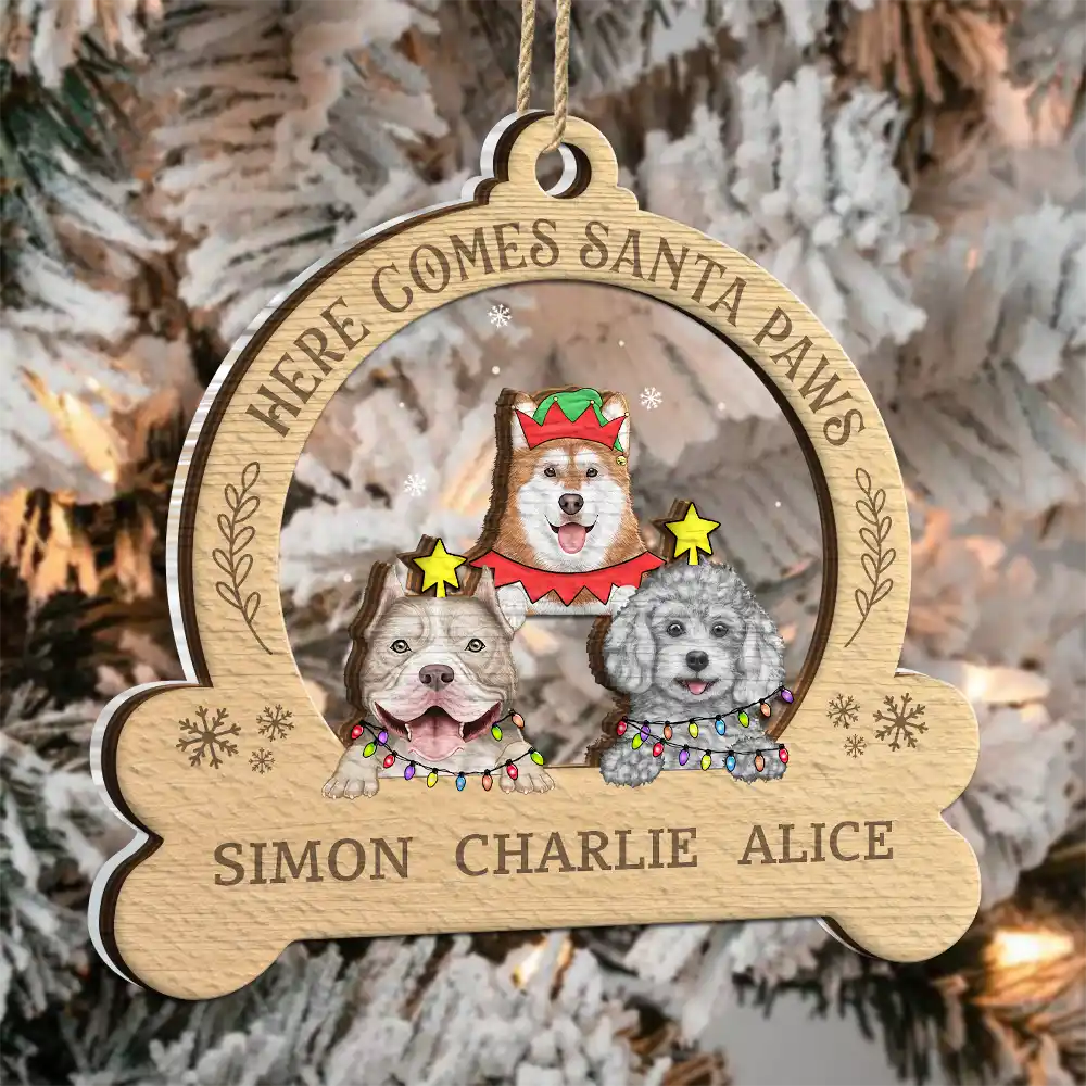 Dog Lovers - Here Come Santa Paws - Personalized 2-Layered Mix Ornament