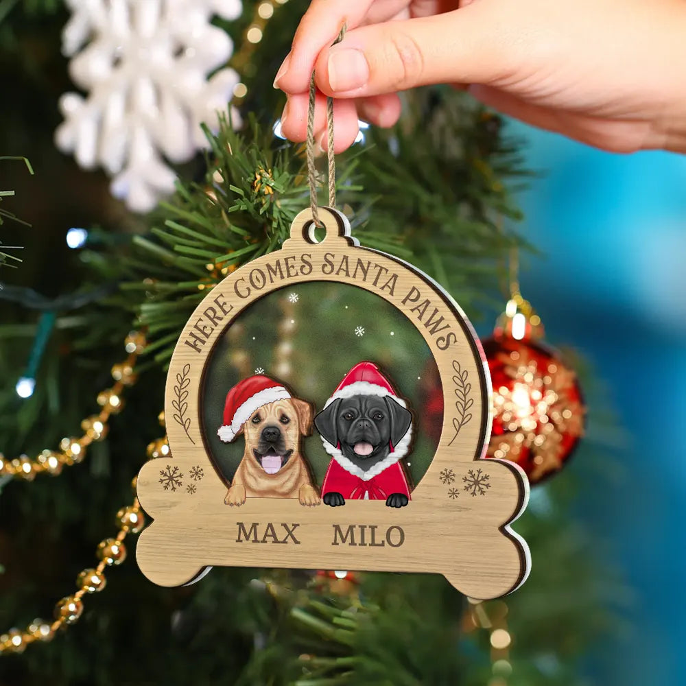 Dog Lovers - Here Come Santa Paws - Personalized 2-Layered Mix Ornament
