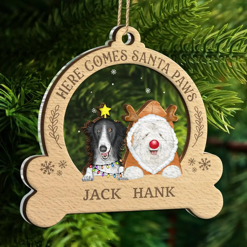 Dog Lovers - Here Come Santa Paws - Personalized 2-Layered Mix Ornament