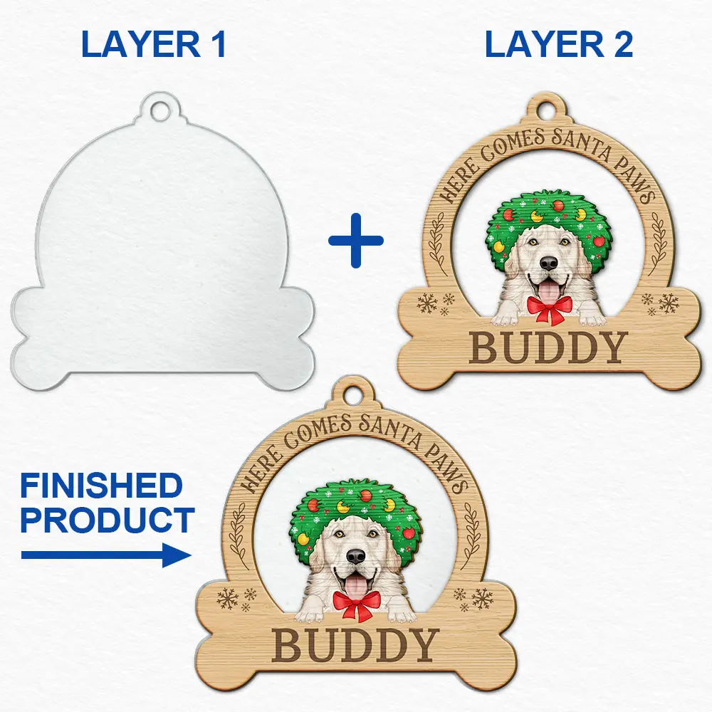 Dog Lovers - Here Come Santa Paws - Personalized 2-Layered Mix Ornament
