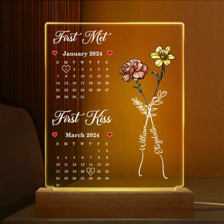 Calendar Birth Flowers First Met First Kiss - Personalized 3D Led Light Wooden Base