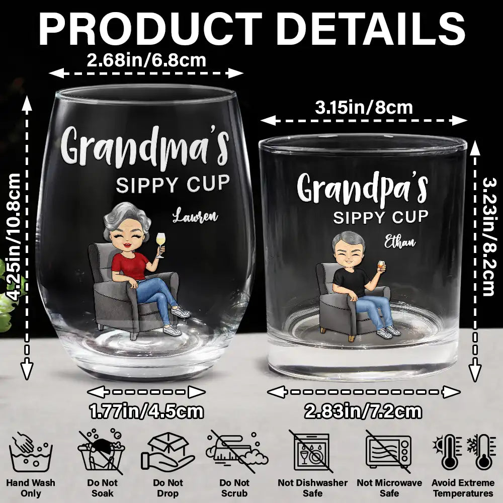 Gift For Couples,Gift For Grandparents,Old Couples,Gift For Husband,Gift For Wife - Grandma's & Grandpa's Sippy Cup - Personalized Wine And Whiskey Glass Set
