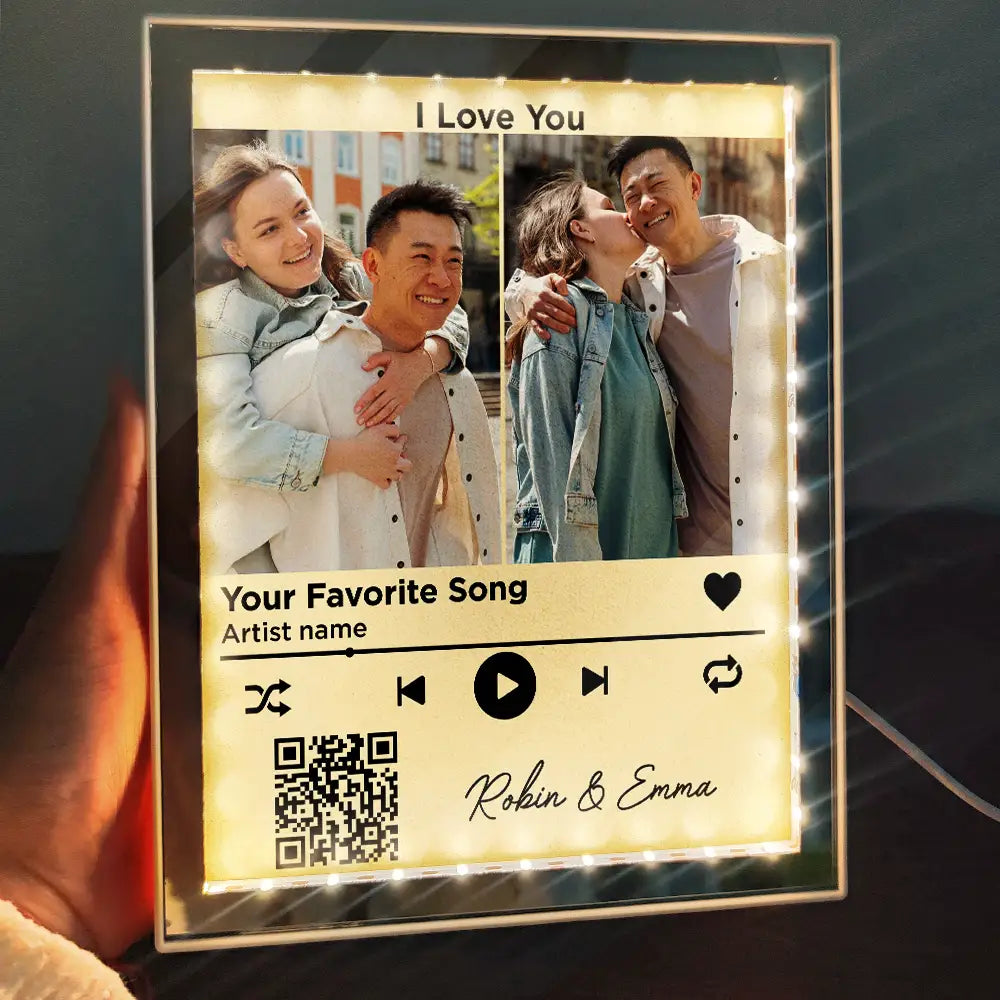 Gift For Couples, Gift For Husband, Gift For Wife, Gift For Boyfriend, Gift For Girlfriend - Custom Photo QR Code Music Lovers Couple Favorite Song - Personalized LED Mirror Frame Lamp